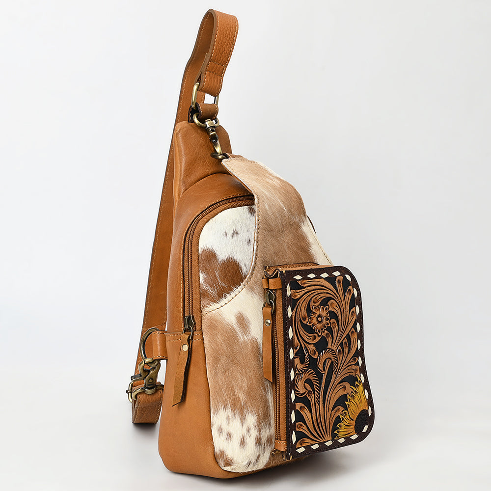 American Darling Sling Bag - Buck Stitched Floral Carved, Hair-On Cowhide, Eco-Friendly Vegetable Tanned Genuine Leather