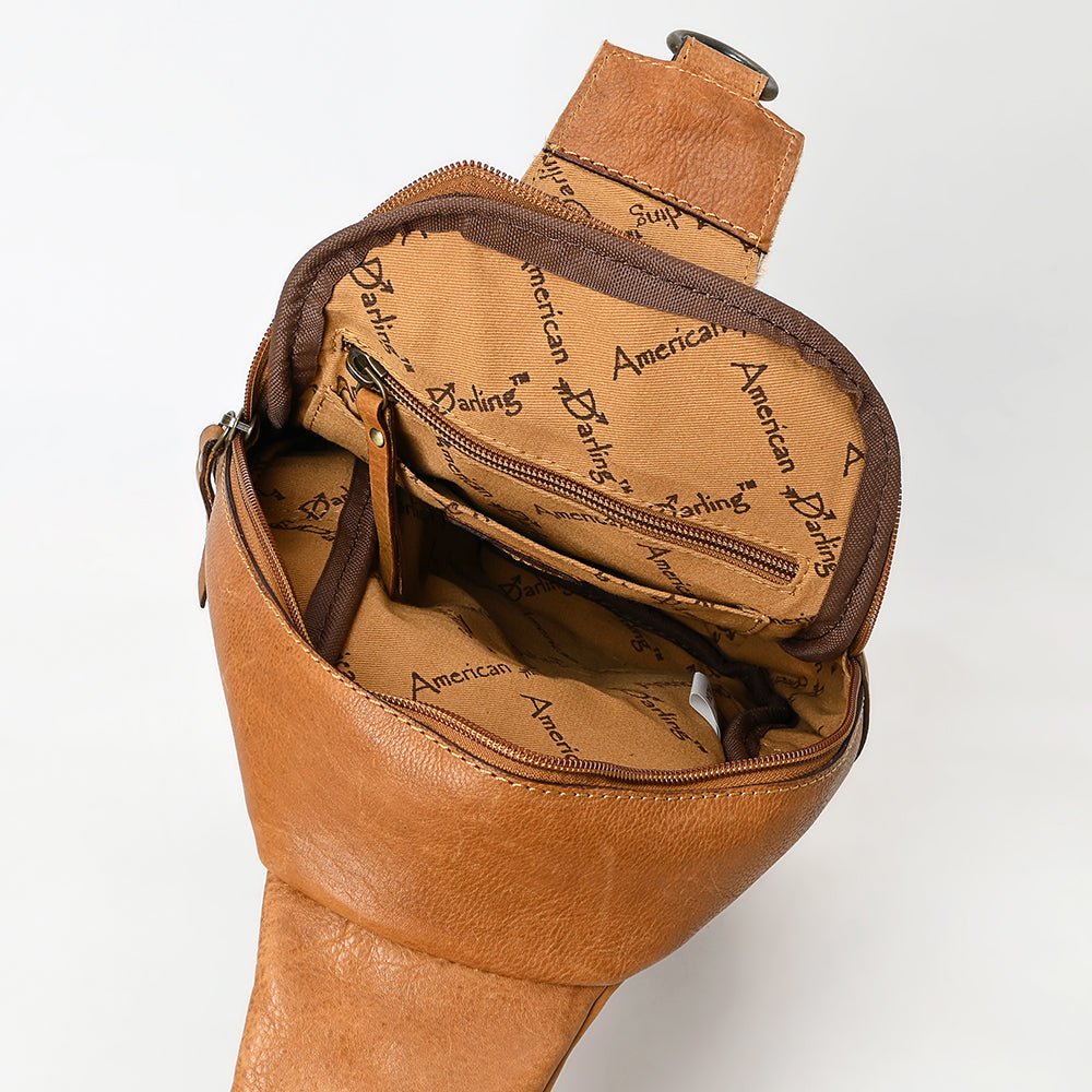 American Darling Sling Bag - Buck Stitched Floral Carved, Hair-On Cowhide, Eco-Friendly Vegetable Tanned Genuine Leather