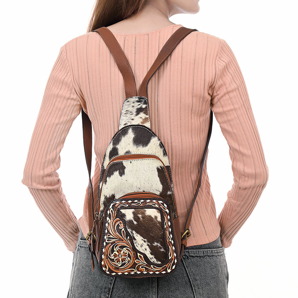 American Darling Sling Bag - Buck Stitched Floral Carved, Hair-On Cowhide, Eco-Friendly Vegetable Tanned Genuine Leather