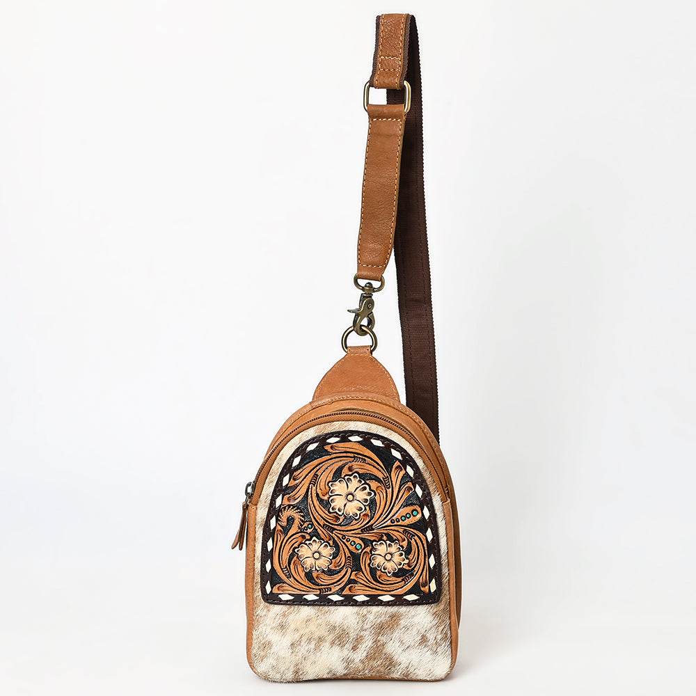American Darling Sling Bag - Buck Stitched Floral Carved, Hair-On Cowhide, Eco-Friendly Vegetable Tanned Genuine Leather