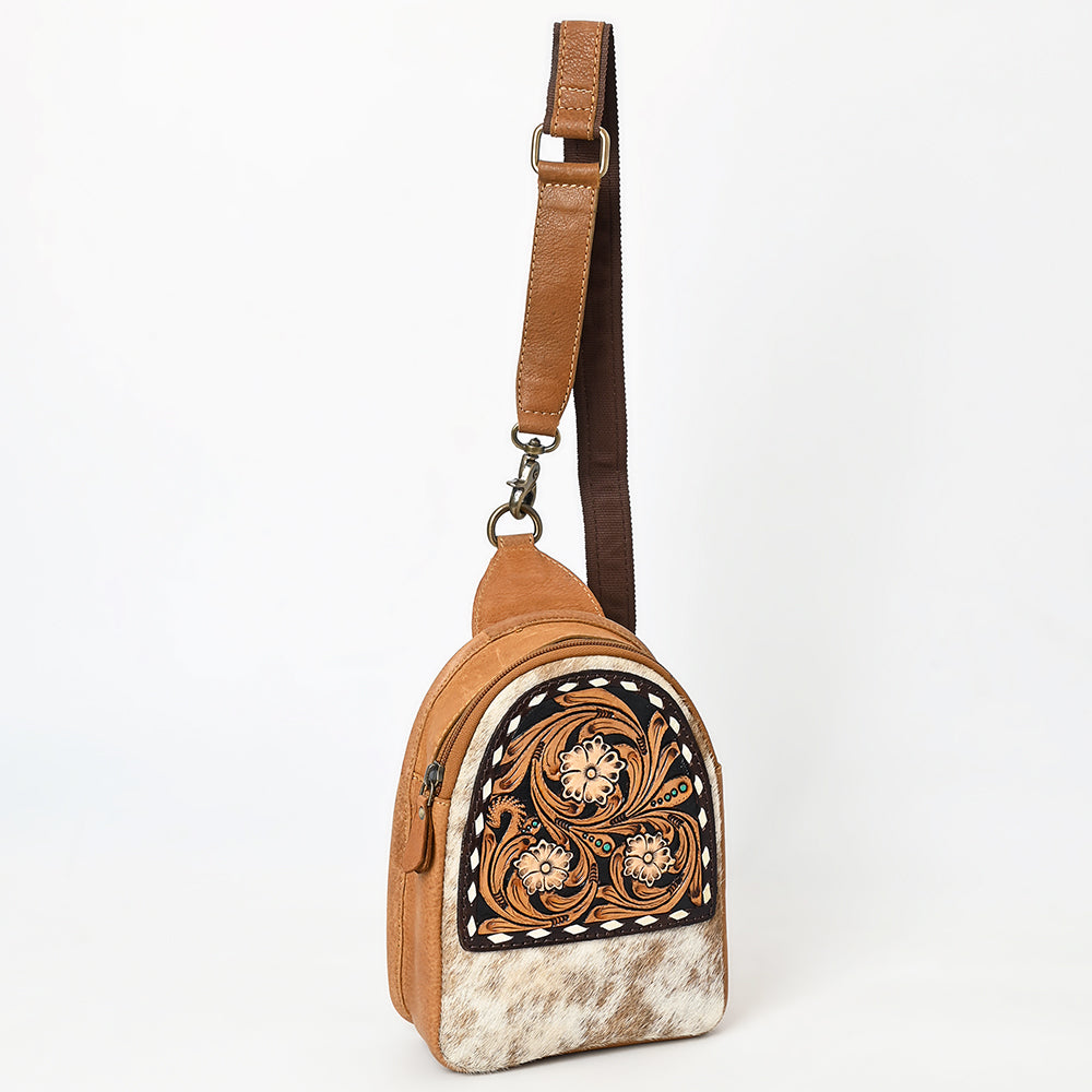 American Darling Sling Bag - Buck Stitched Floral Carved, Hair-On Cowhide, Eco-Friendly Vegetable Tanned Genuine Leather
