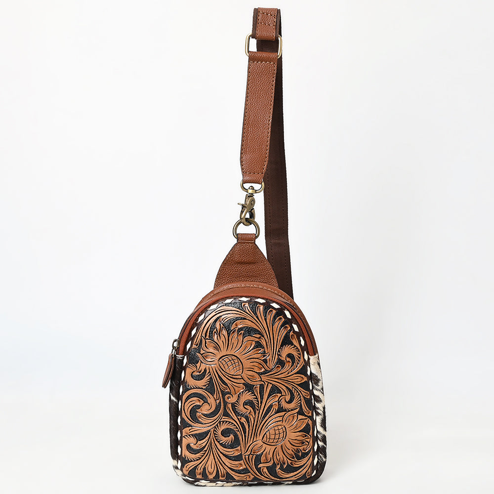 American Darling Sling Bag - Buck Stitched Floral Carved, Hair-On Cowhide, Eco-Friendly Vegetable Tanned Genuine Leather