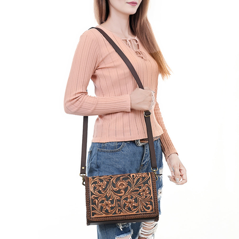 American Darling Small Cross body Bag - Hand Tooled Floral Carved, Eco-Friendly Vegetable Tanned Genuine Leather, Western Style