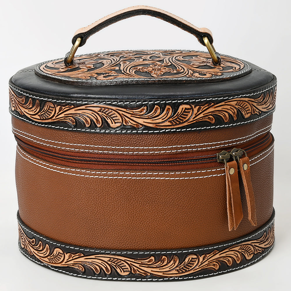 American Darling Hand Tooled Floral Carved Vegetable-Tanned Full Grain Genuine Leather Jewelry Case with YKK Zipper