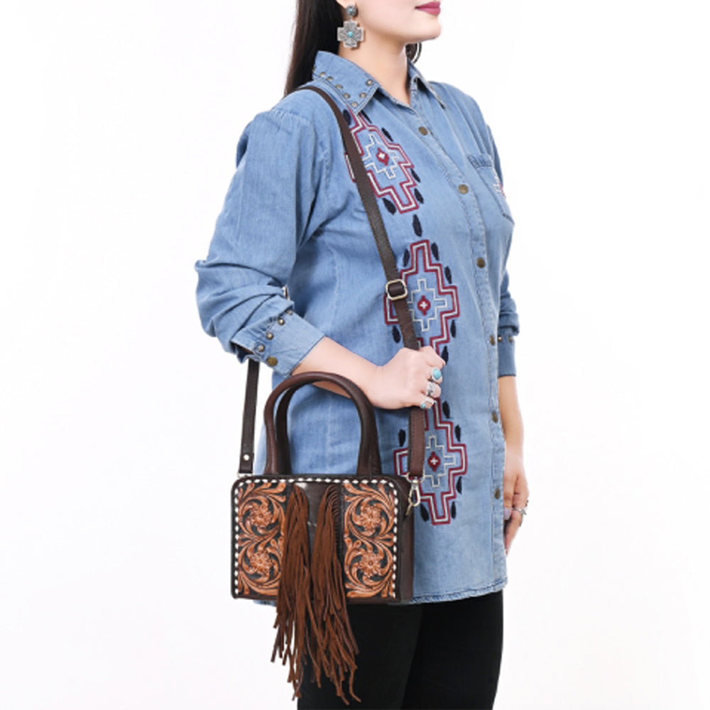 American Darling Hand Tooled Floral Carved Vegetable-Tanned Genuine Leather Tote Bag with Hair-On Cowhide, Fringes & YKK Zipper