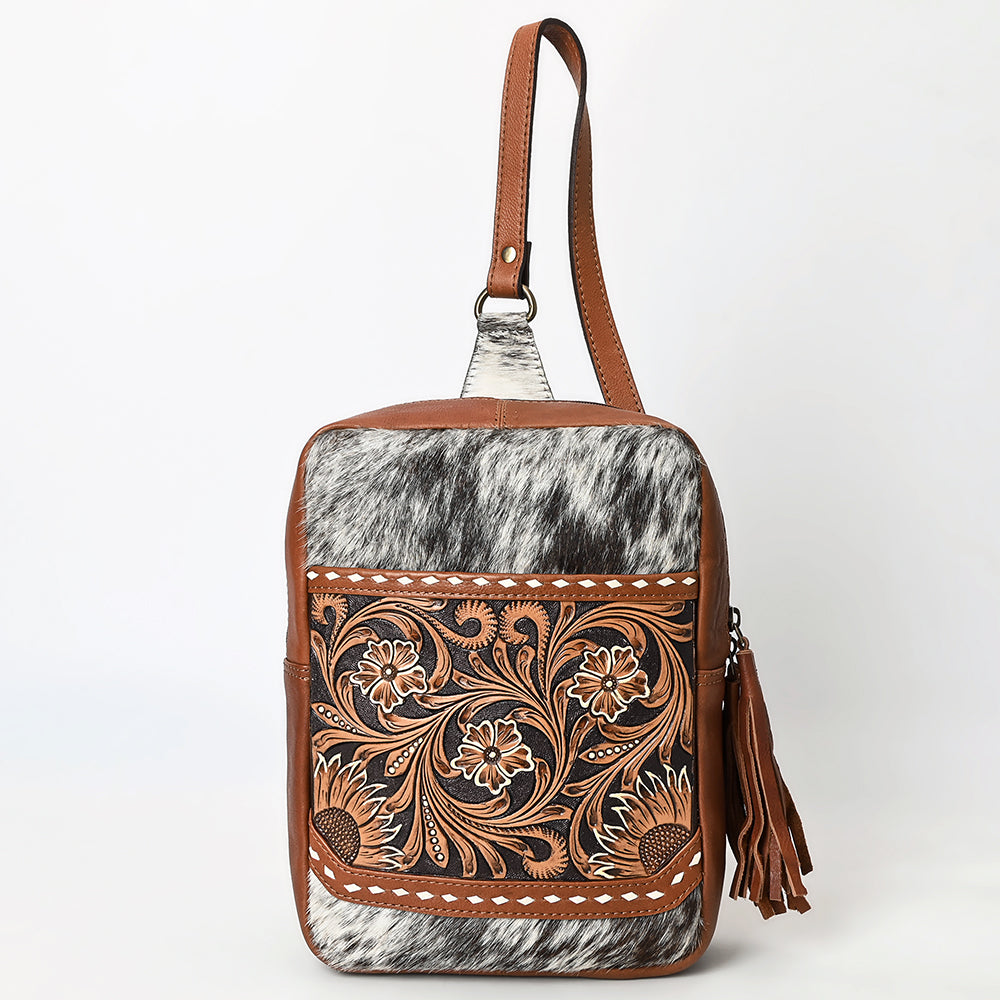 American Darling Hand Tooled Floral Carved Vegetable-Tanned Genuine Leather Sling Bag with Hair-On Cowhide & YKK Zipper
