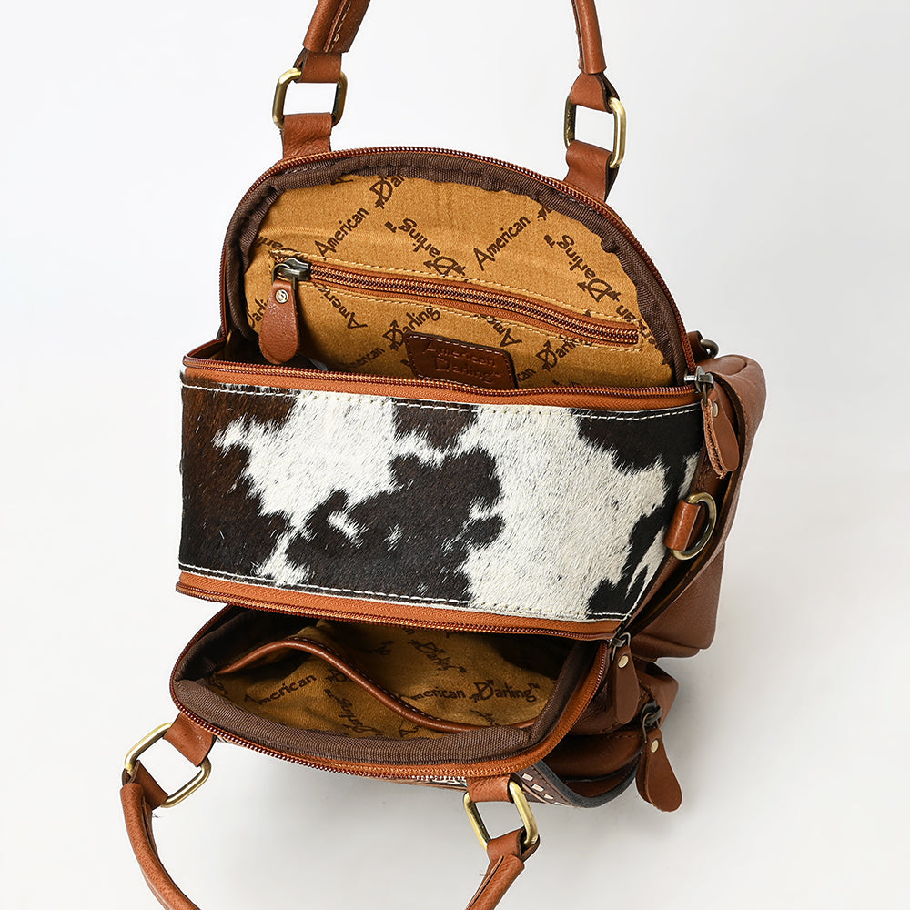 American Darling Hand Tooled Floral Carved Vegetable-Tanned Genuine Leather Backpack with Hair-On Cowhide & YKK Zipper