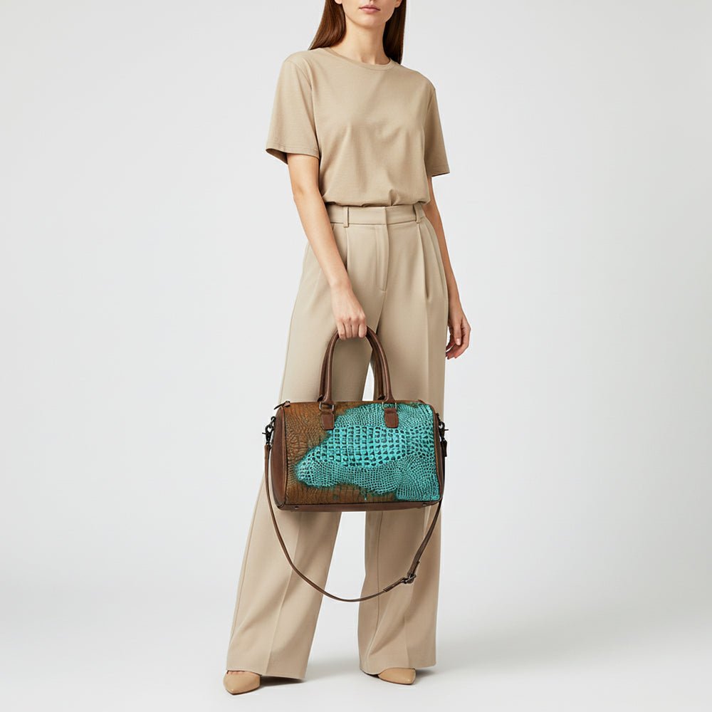 American Darling Western Leather Crocodile Embossed Speedy Bag | Premium Genuine Leather Travel Duffel Bag