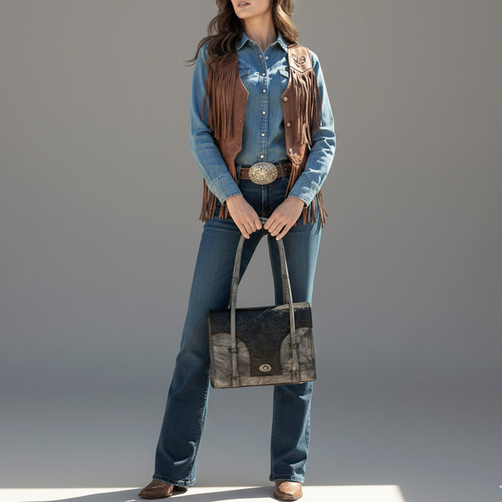 American Darling Briefcase Hand Tooled Genuine Leather Women's Bag Western Handbag Purse
