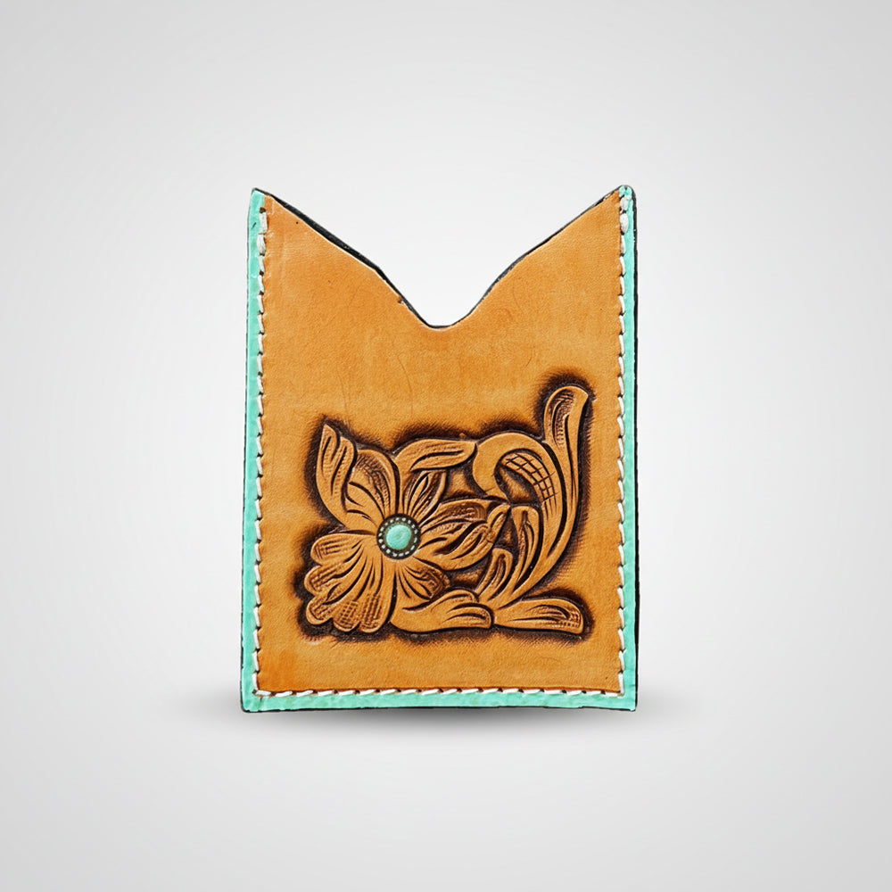 American Darling Floral Women & Men Hand Carved Genuine Leather Card Holder Tan