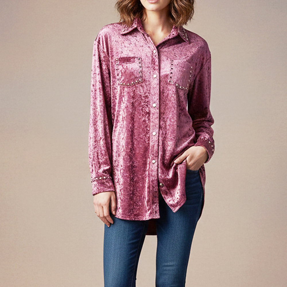 American Darling Women’s Velvet Western Shirt – Studded Button-Down Top, NYFW Designer Collection
