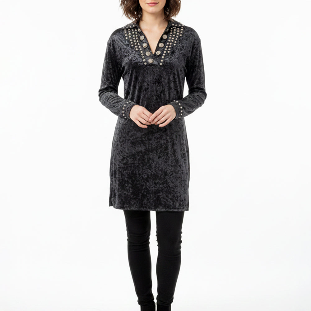 American Darling Women’s Velvet Studded Western Tunic Dress – Girls Top Antique Rivet Detail, Silky Soft Fit