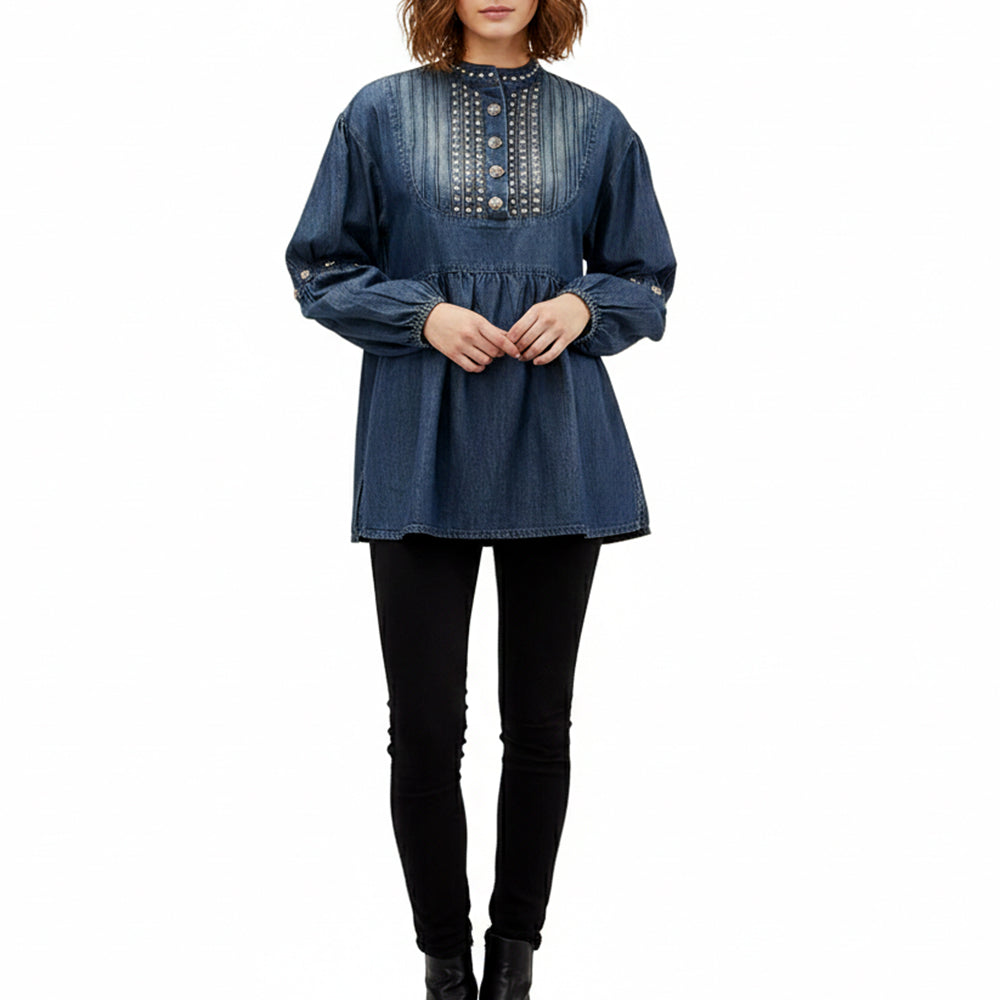 American Darling Women’s Vintage Denim Tunic Top – Studded Western Shirt, Antique Rivet Detail