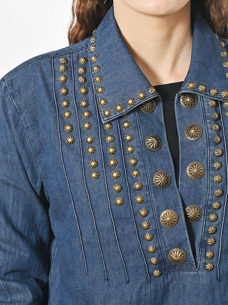 Vintage Denim Western Dress With Studded Tunic Antique Rivets Premium Cotton Fabric