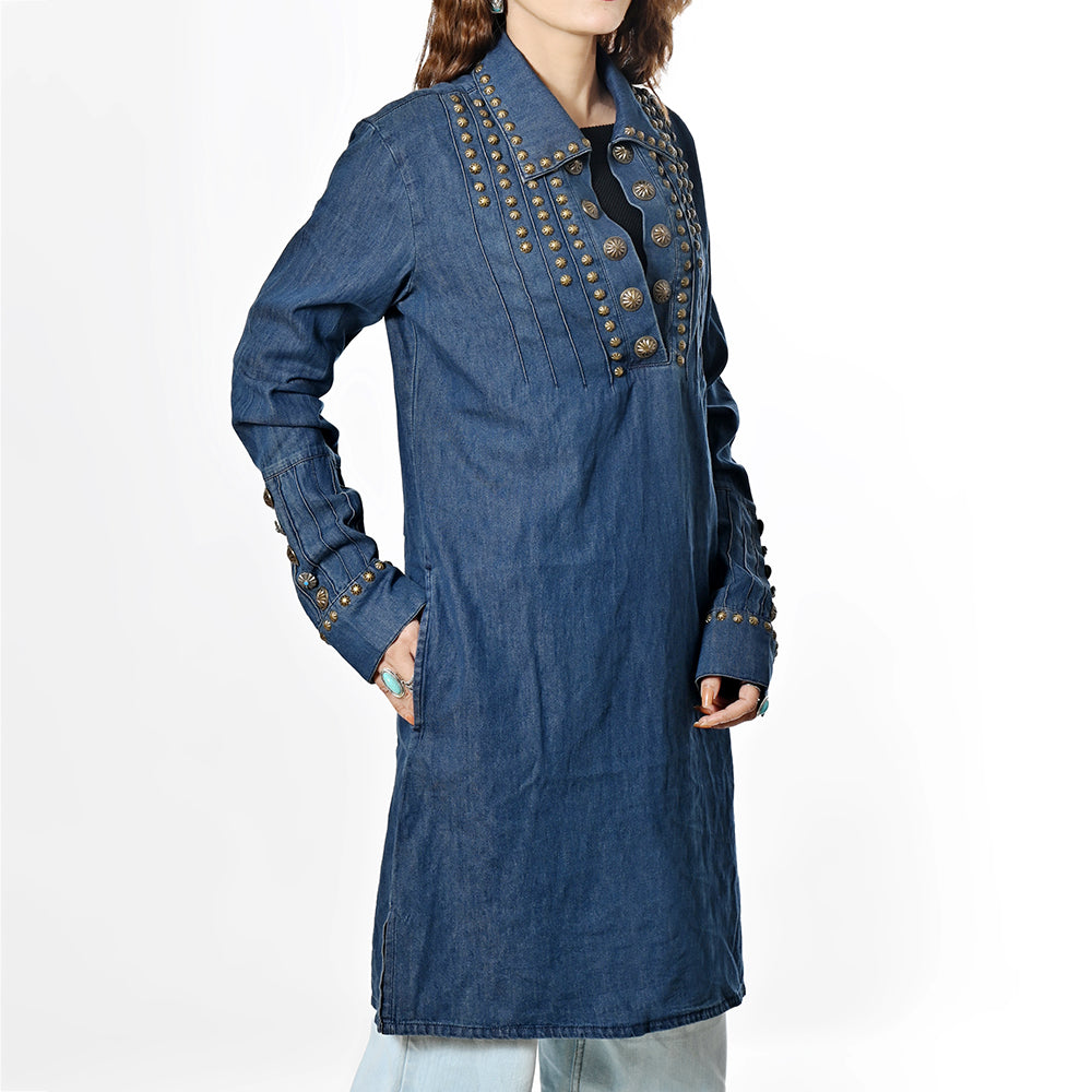 Vintage Denim Western Dress With Studded Tunic Antique Rivets Premium Cotton Fabric