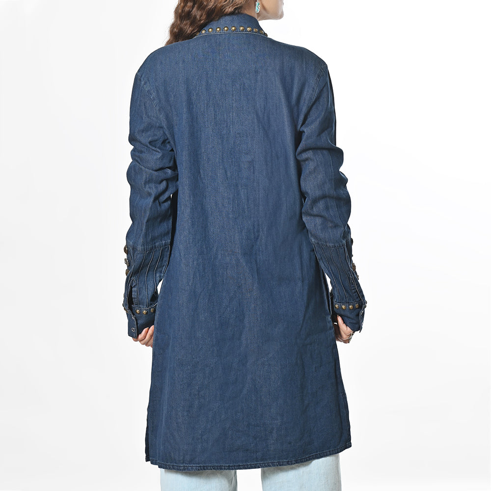 Vintage Denim Western Dress With Studded Tunic Antique Rivets Premium Cotton Fabric