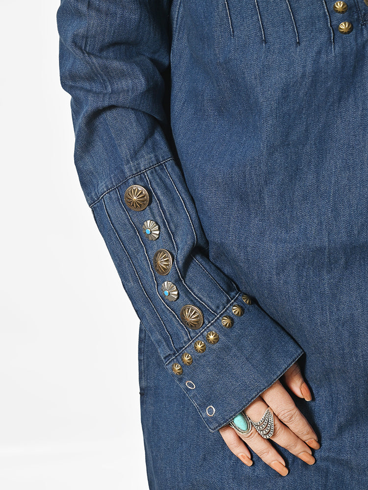 Vintage Denim Western Dress With Studded Tunic Antique Rivets Premium Cotton Fabric