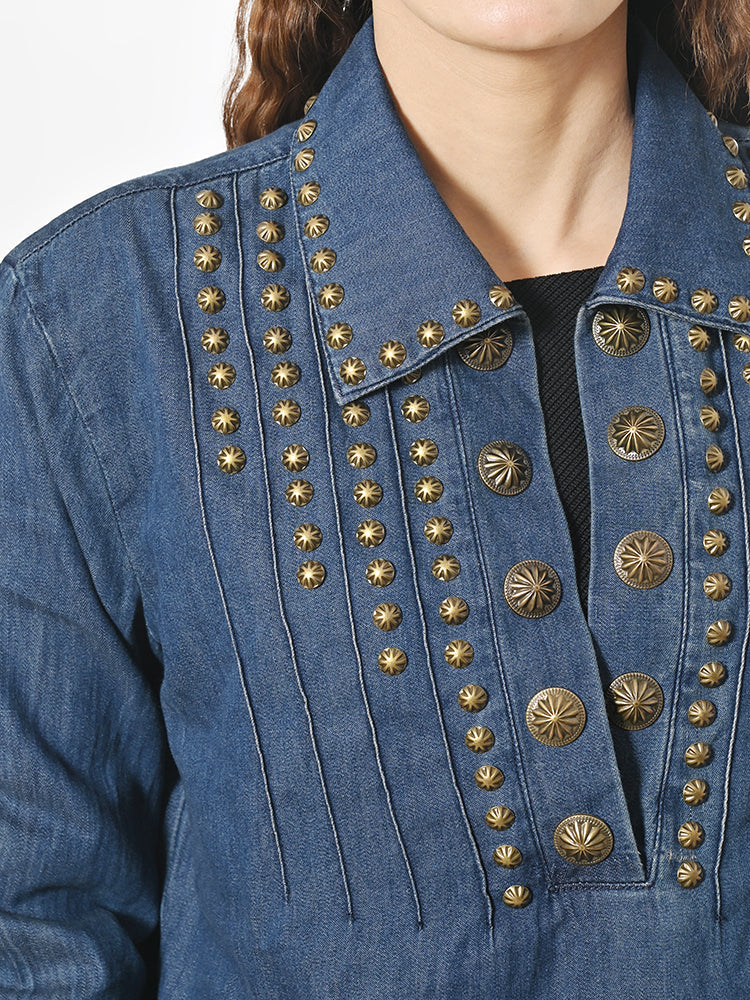 American Darling Women’s Vintage Denim Western Dress – Studded Tunic with Antique Rivets, Premium Cotton