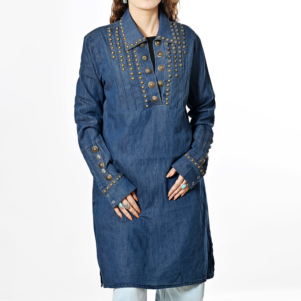 Vintage Denim Western Dress With Studded Tunic Antique Rivets Premium Cotton Fabric