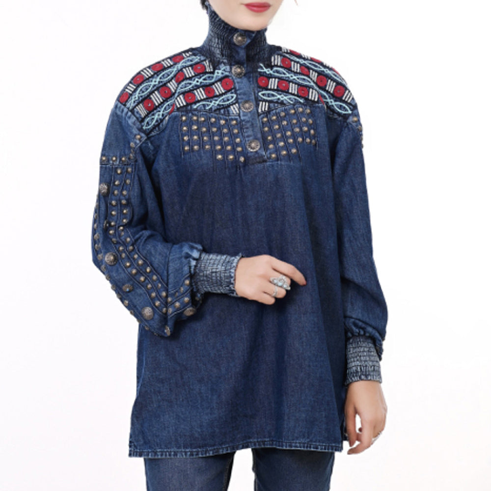 American Darling 100% Cotton Denim Women's Shirt Jacket Dress Ladies Girl Top Red|
