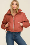Camel Faux Leather Cropped Puffer Jacket