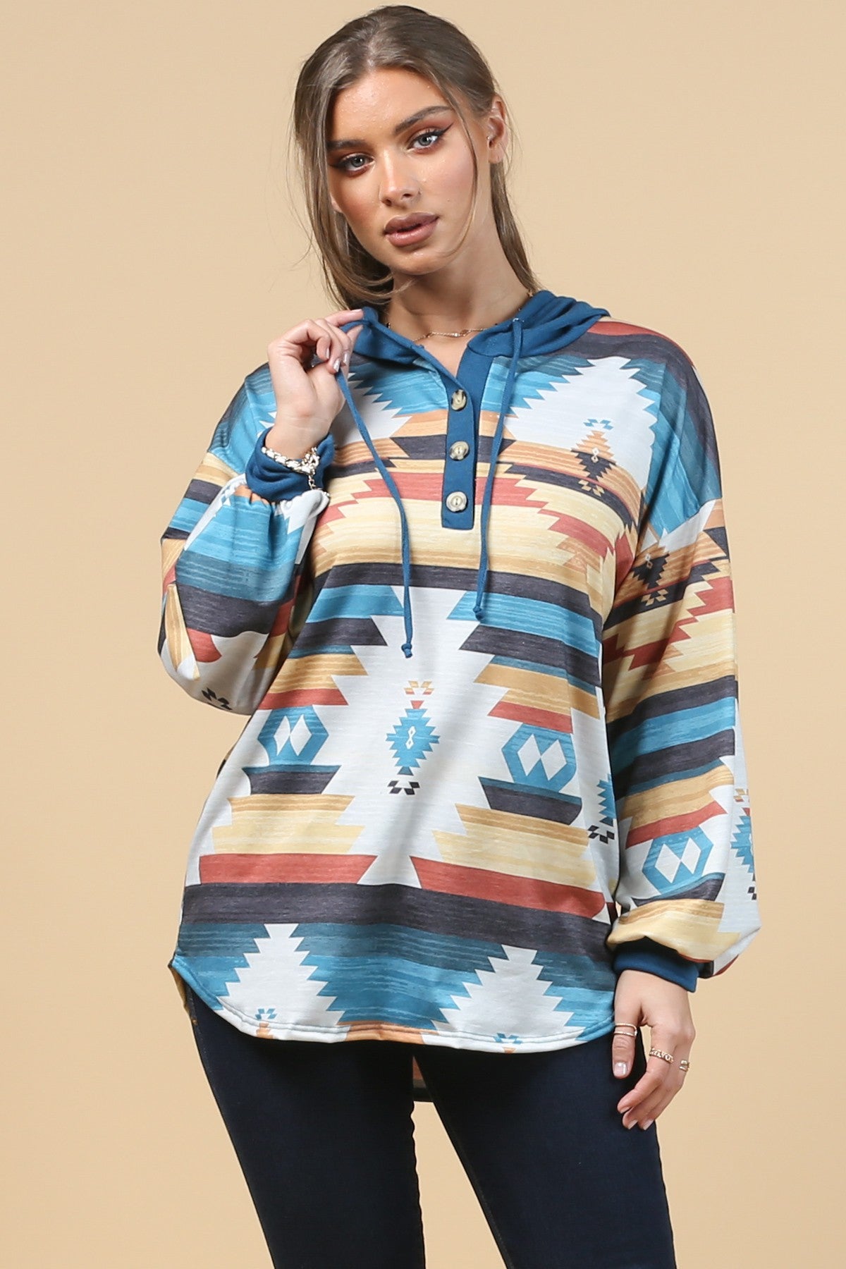 Blue Mountain Turquoise Aztec Lightweight Hoodie Made in America by Baha Ranch Western Wear - product image 5