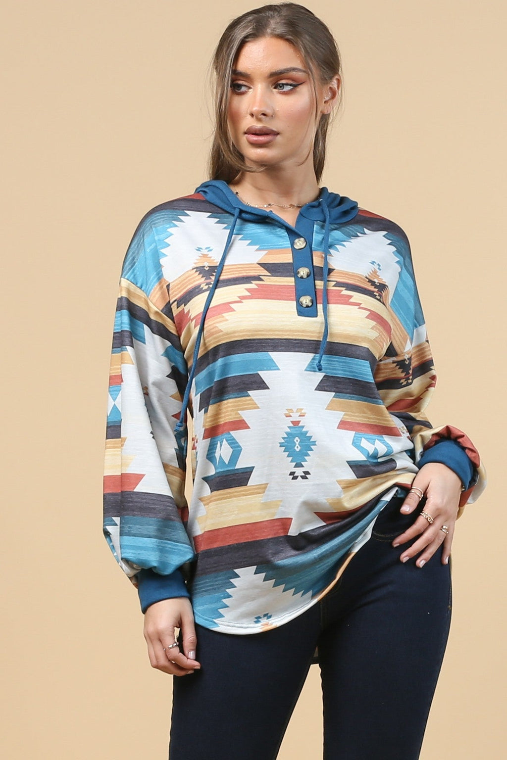 Blue Mountain Turquoise Aztec Lightweight Hoodie Made in America by Baha Ranch Western Wear - product image 4