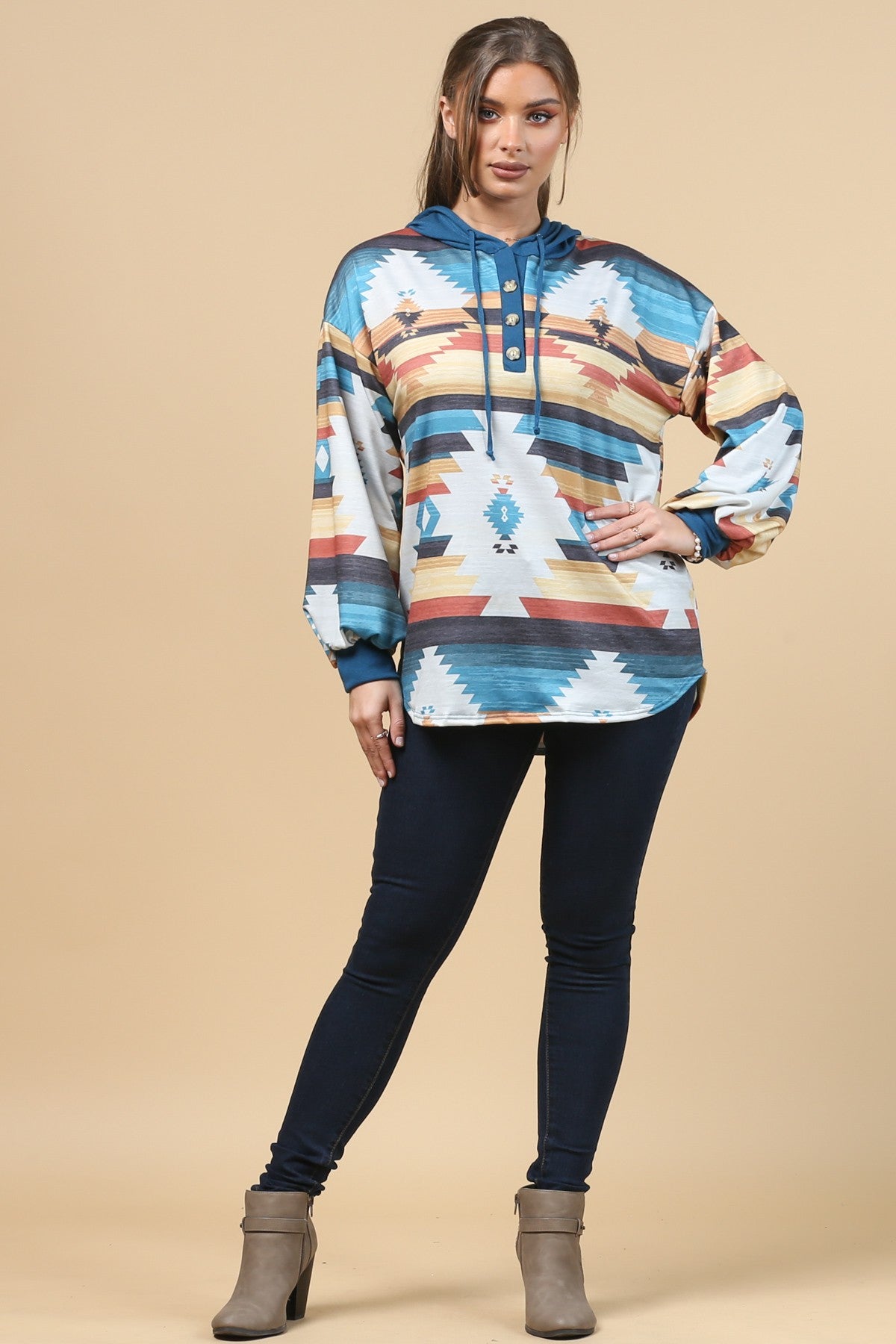 Blue Mountain Turquoise Aztec Lightweight Hoodie Made in America by Baha Ranch Western Wear - product image 3