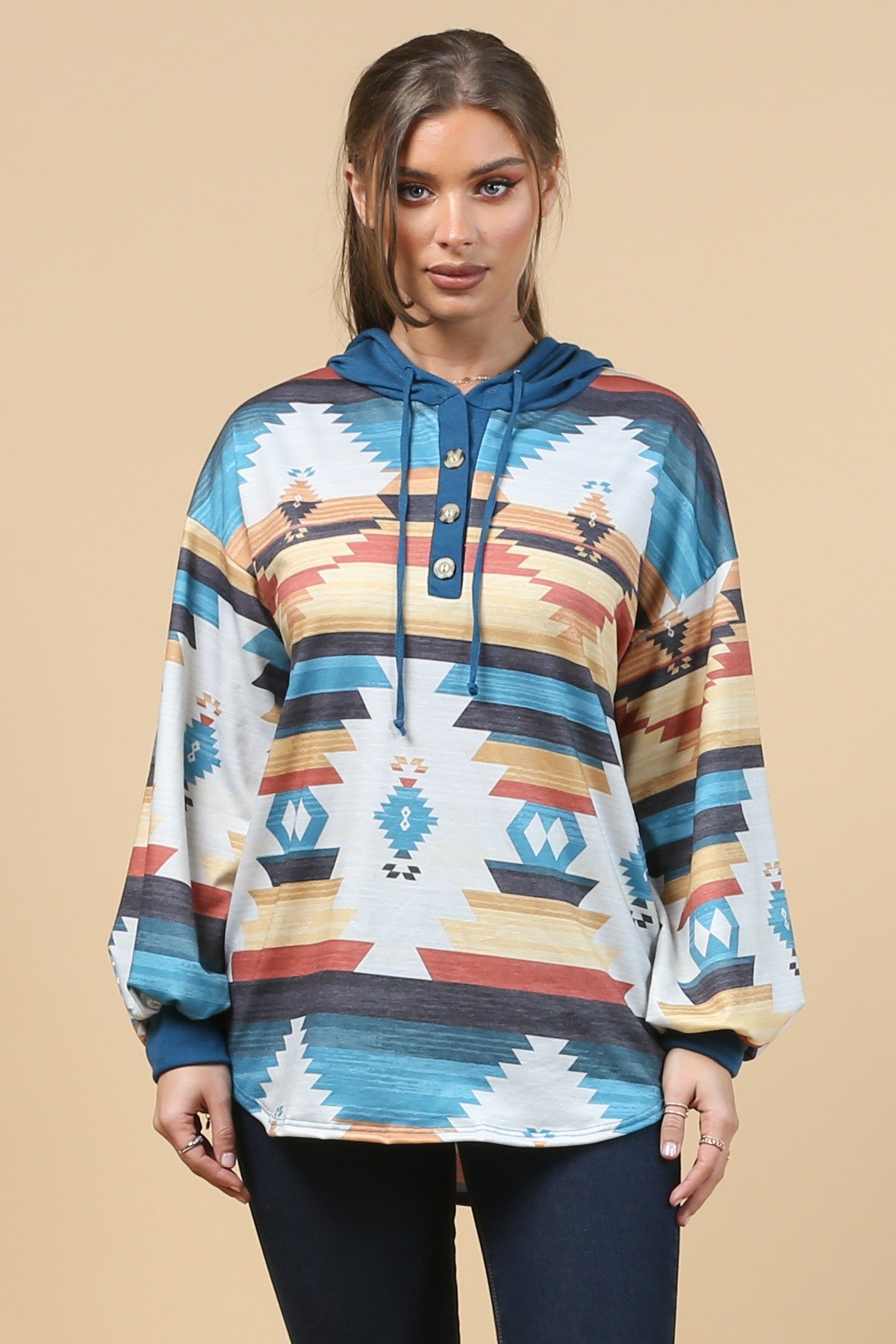 Blue Mountain Turquoise Aztec Lightweight Hoodie Made in America by Baha Ranch Western Wear
