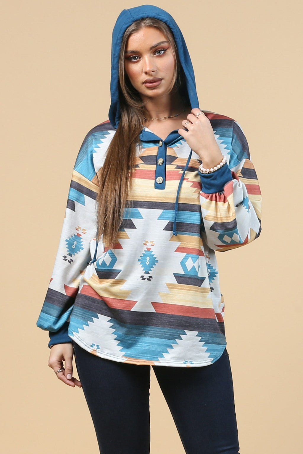 Blue Mountain Turquoise Aztec Lightweight Hoodie Made in America by Baha Ranch Western Wear - product image 6