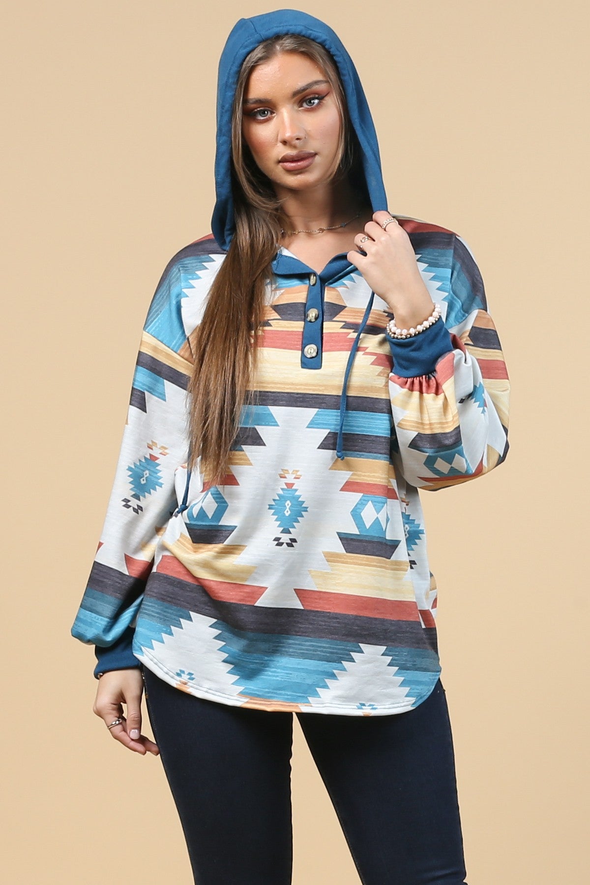 Blue Mountain Turquoise Aztec Lightweight Hoodie Made in America by Baha Ranch Western Wear - product image 6