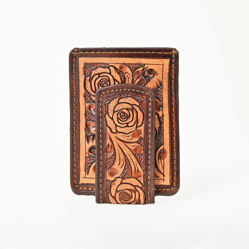 BAR H EQUINE Hand-Tooled Genuine Leather Money Clip Wallet Floral Carved | Western Style Card & Cash Holder