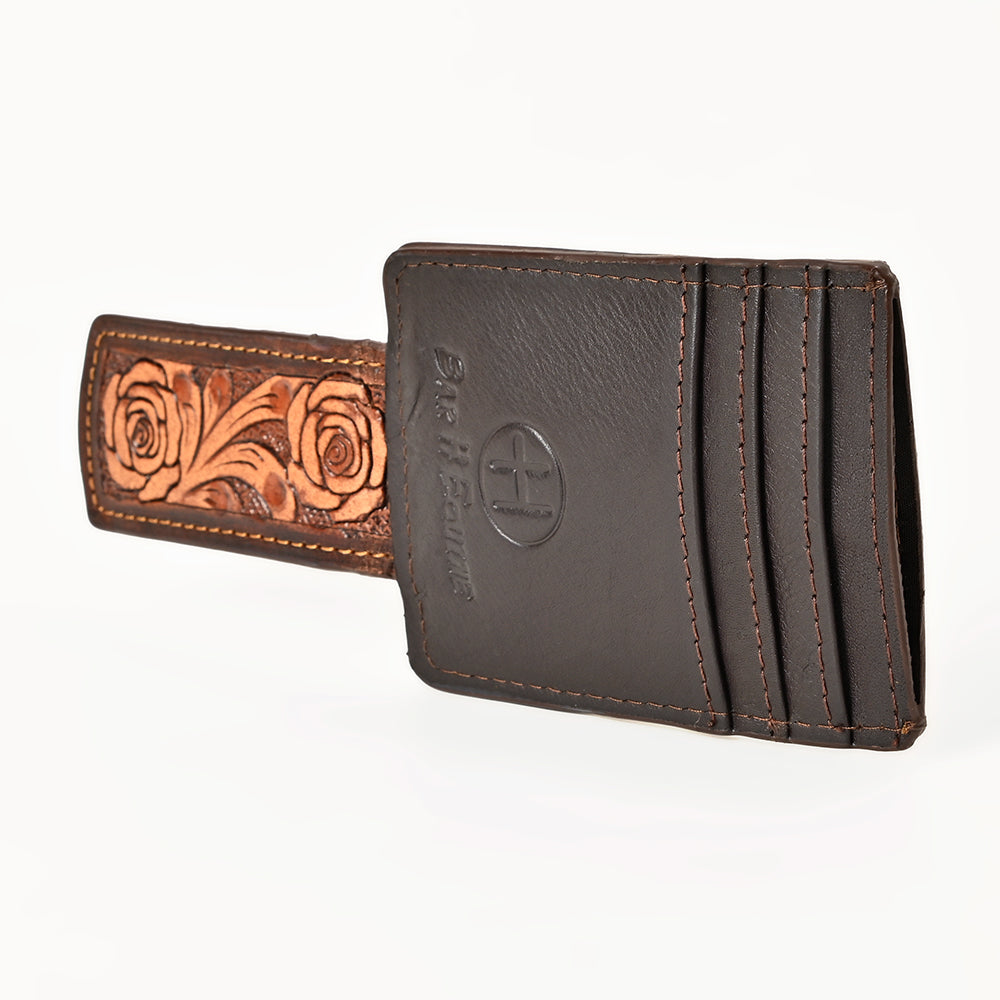BAR H EQUINE Hand-Tooled Genuine Leather Money Clip Wallet Floral Carved | Western Style Card & Cash Holder