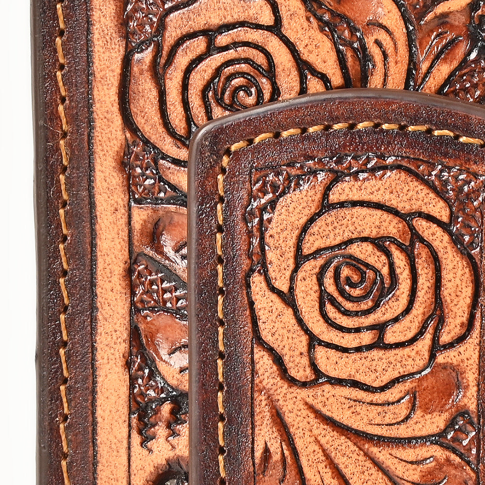 BAR H EQUINE Hand-Tooled Genuine Leather Money Clip Wallet Floral Carved | Western Style Card & Cash Holder