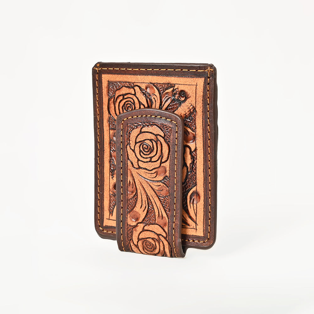 BAR H EQUINE Hand-Tooled Genuine Leather Money Clip Wallet Floral Carved | Western Style Card & Cash Holder