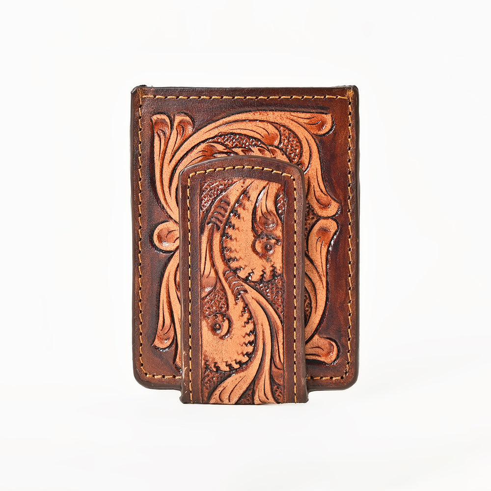 BAR H EQUINE Hand-Tooled Genuine Leather Money Clip Wallet Floral Carved | Western Style Card & Cash Holder