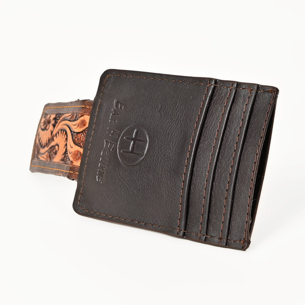 BAR H EQUINE Hand-Tooled Genuine Leather Money Clip Wallet Floral Carved | Western Style Card & Cash Holder
