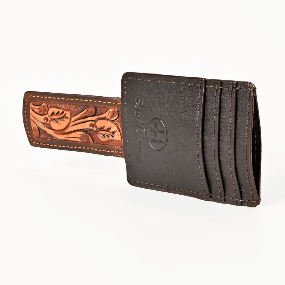 BAR H EQUINE Hand-Tooled Genuine Leather Money Clip Wallet Floral Carved | Western Style Card & Cash Holder