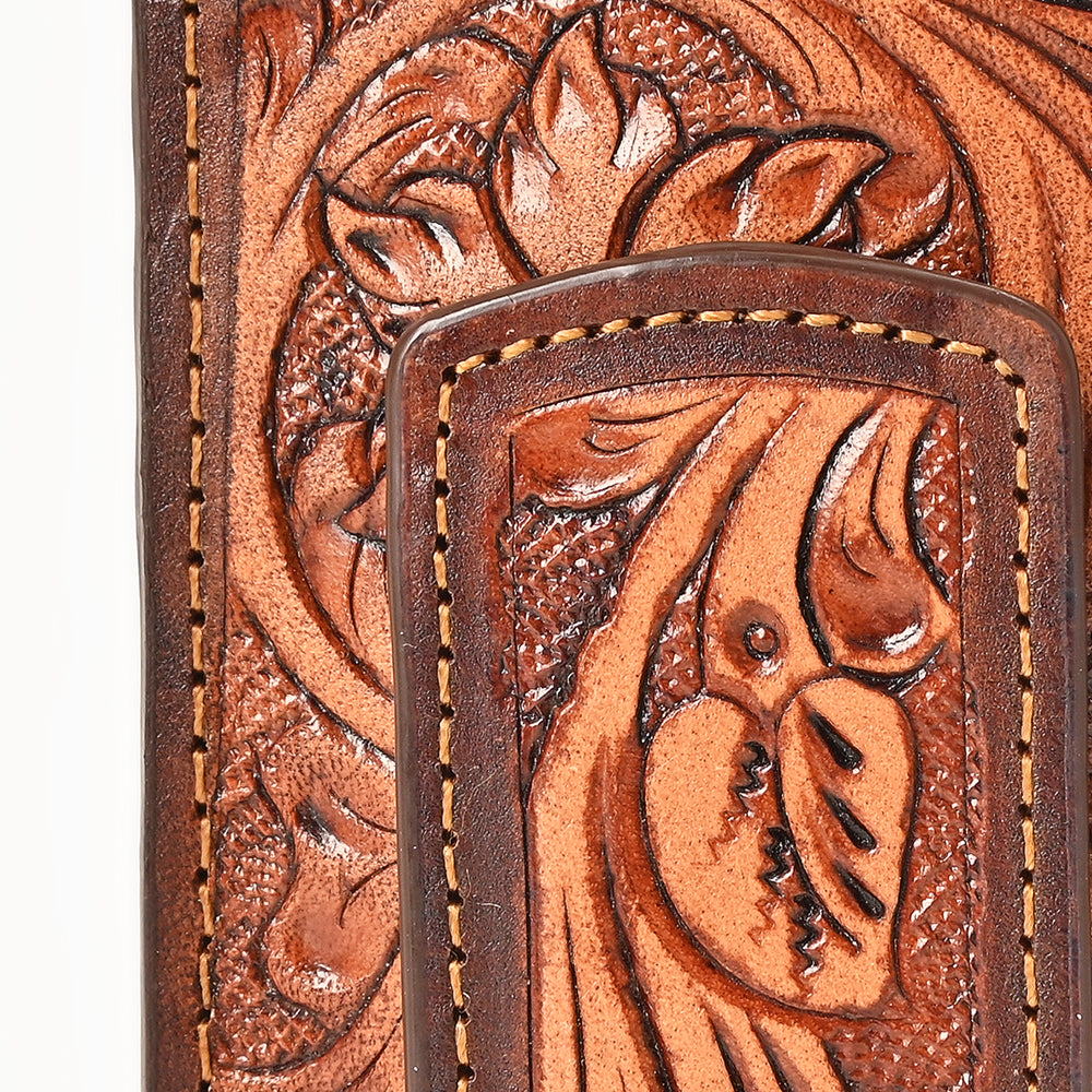 BAR H EQUINE Hand-Tooled Genuine Leather Money Clip Wallet Floral Carved | Western Style Card & Cash Holder