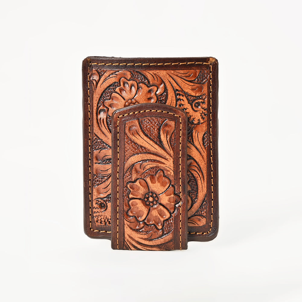 BAR H EQUINE Hand-Tooled Genuine Leather Money Clip Wallet Floral Carved | Western Style Card & Cash Holder