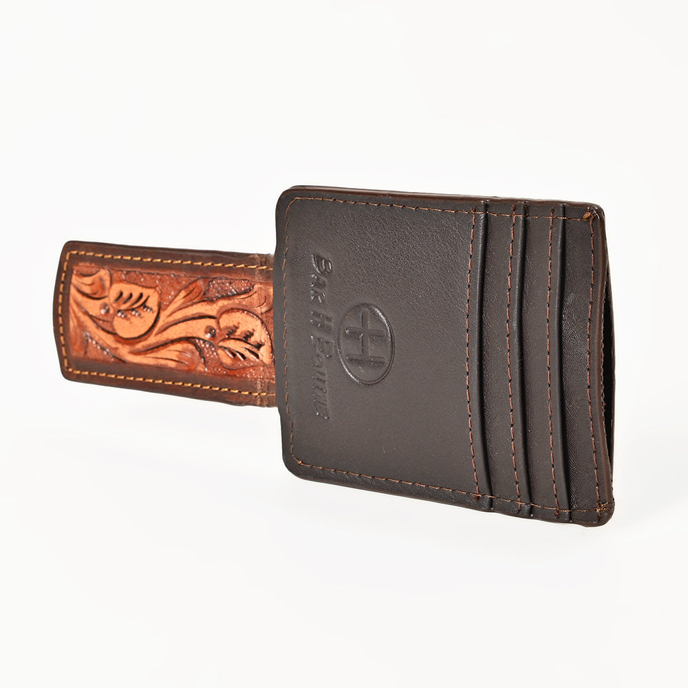 BAR H EQUINE Hand-Tooled Genuine Leather Money Clip Wallet Floral Carved | Western Style Card & Cash Holder