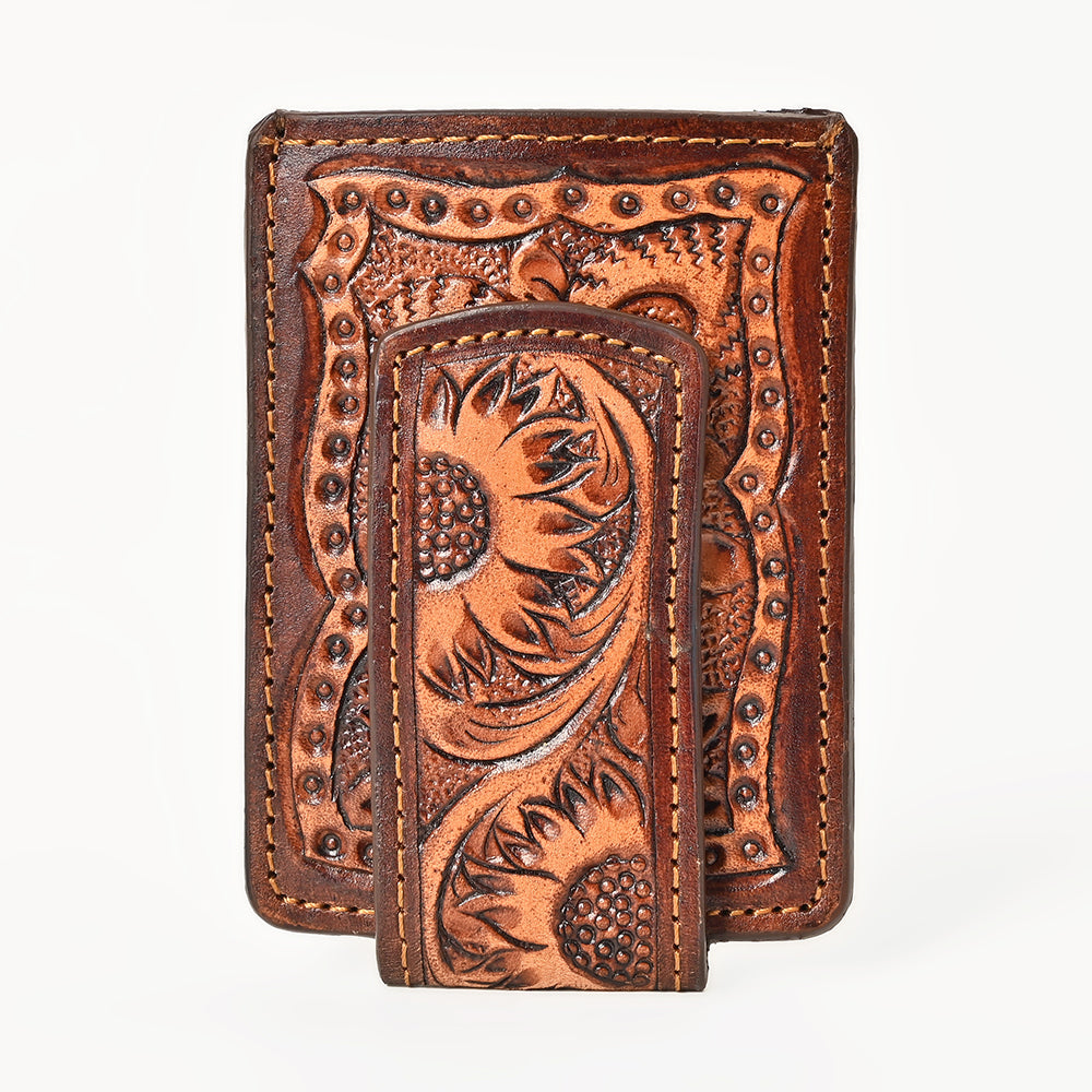 BAR H EQUINE Hand-Tooled Genuine Leather Money Clip Wallet Floral Carved | Western Style Card & Cash Holder