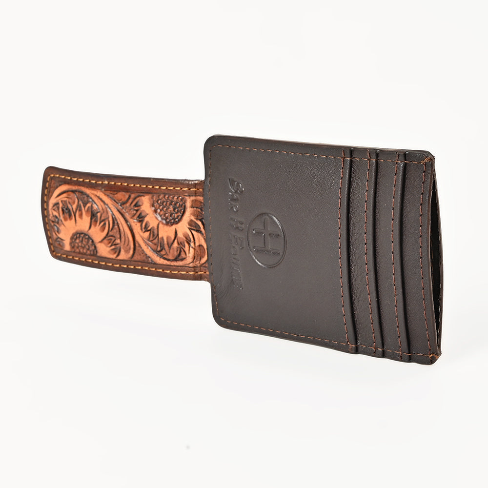 BAR H EQUINE Hand-Tooled Genuine Leather Money Clip Wallet Floral Carved | Western Style Card & Cash Holder
