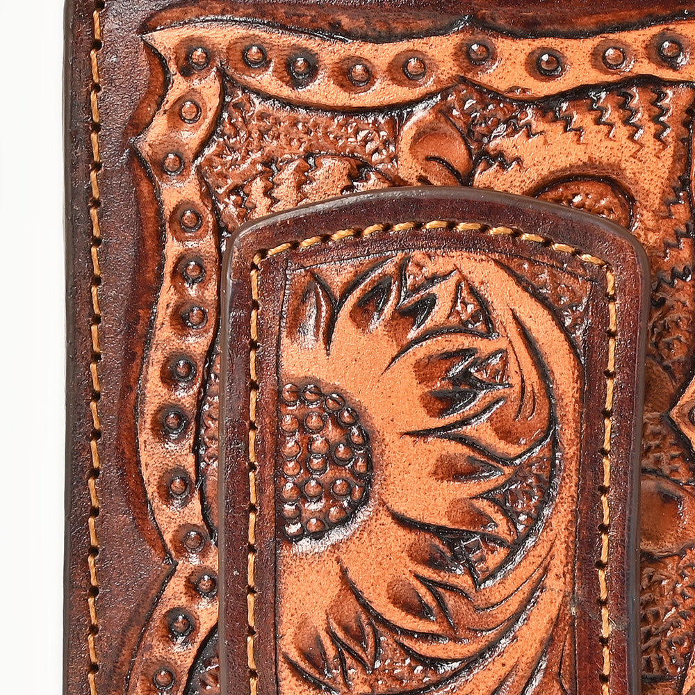 BAR H EQUINE Hand-Tooled Genuine Leather Money Clip Wallet Floral Carved | Western Style Card & Cash Holder