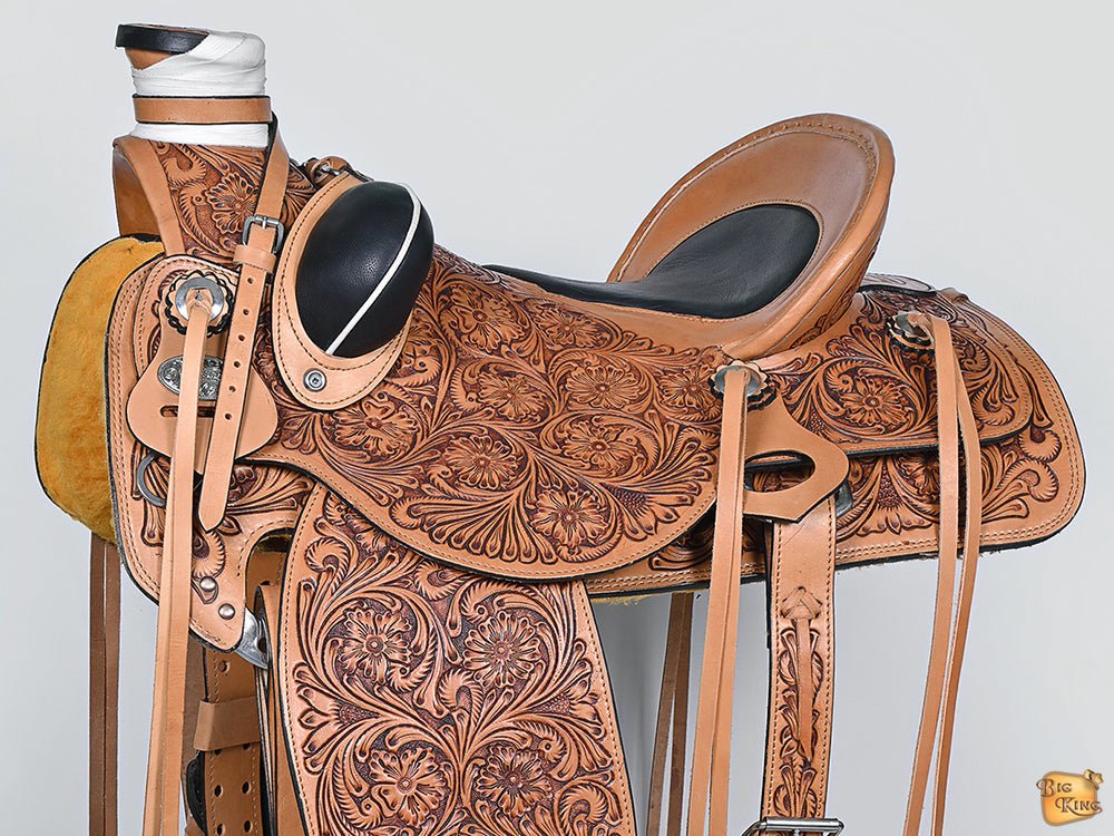 Hilason Wade Ranch Roping Hand-Tooled Leather Saddle — Tan