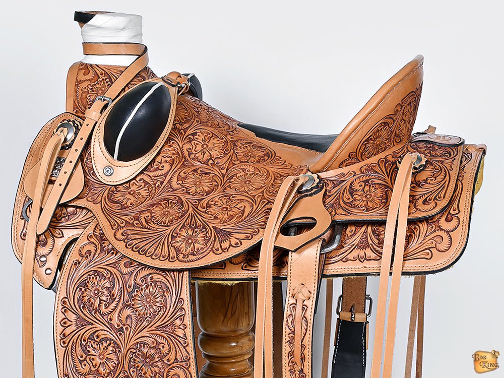 Hilason Wade Ranch Roping Hand-Tooled Leather Saddle — Tan