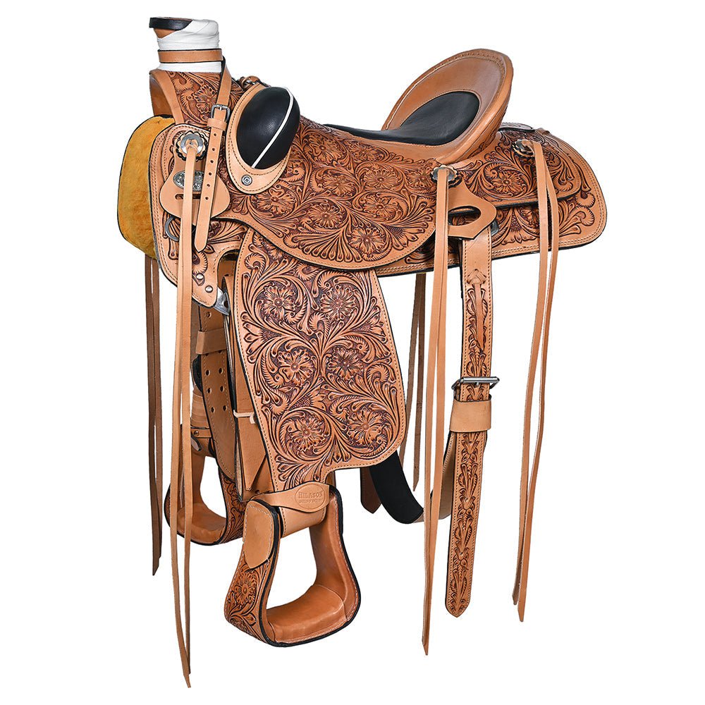Hilason Wade Ranch Roping Hand-Tooled Leather Saddle — Tan