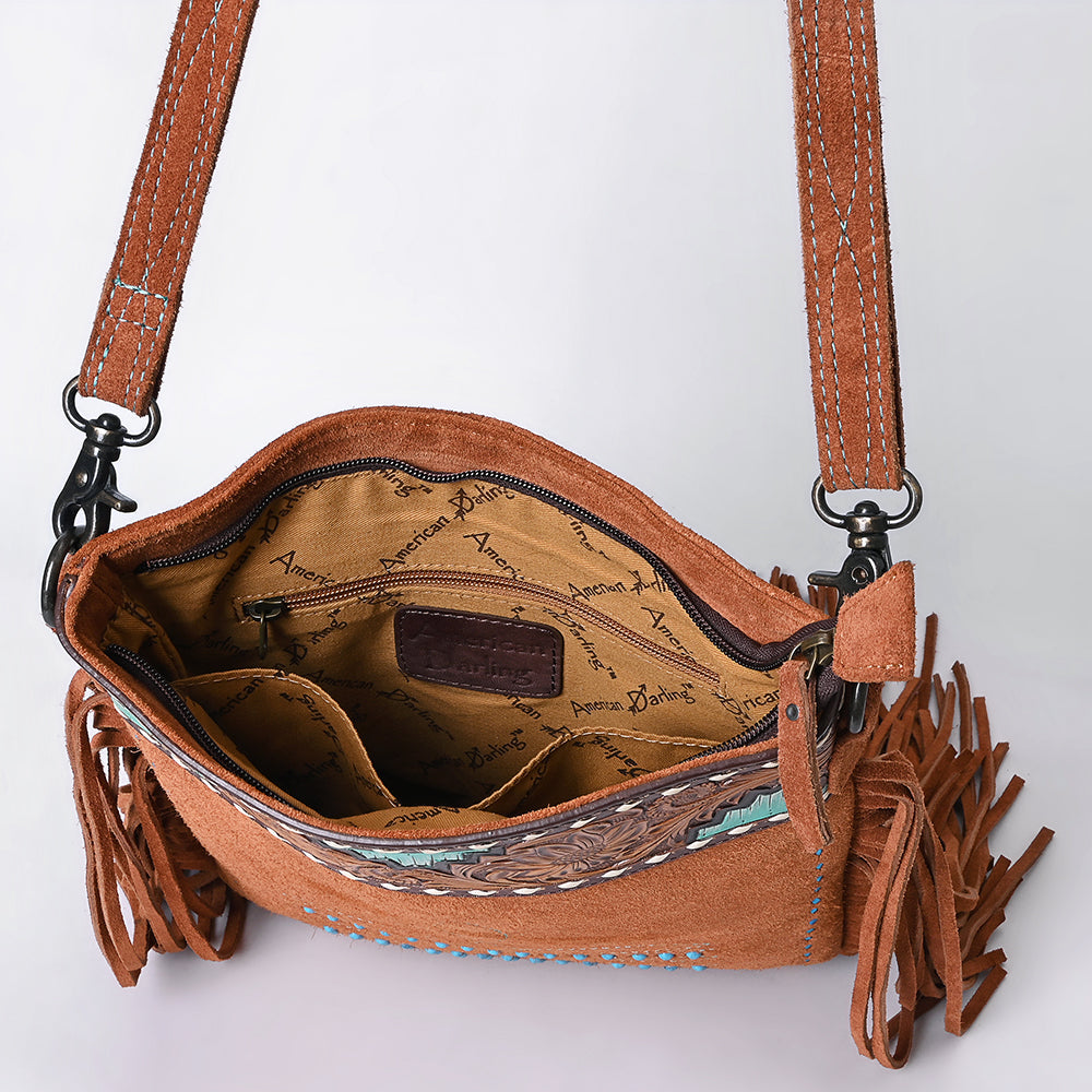 American Darling Western Genuine Suede Large Crossbody Bag with Fringe, Rivet & Boot Stitch Details – Genuine Leather, Handcrafted Design