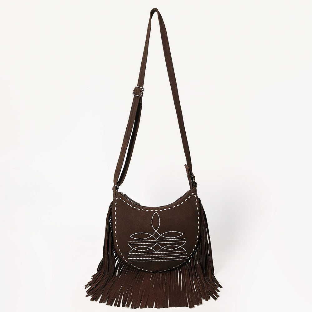 American Darling Black Genuine Suede Crossbody Bag – Western Boot Stitch Design, Fringe Detailing, Genuine Leather, Lightweight Everyday Carry