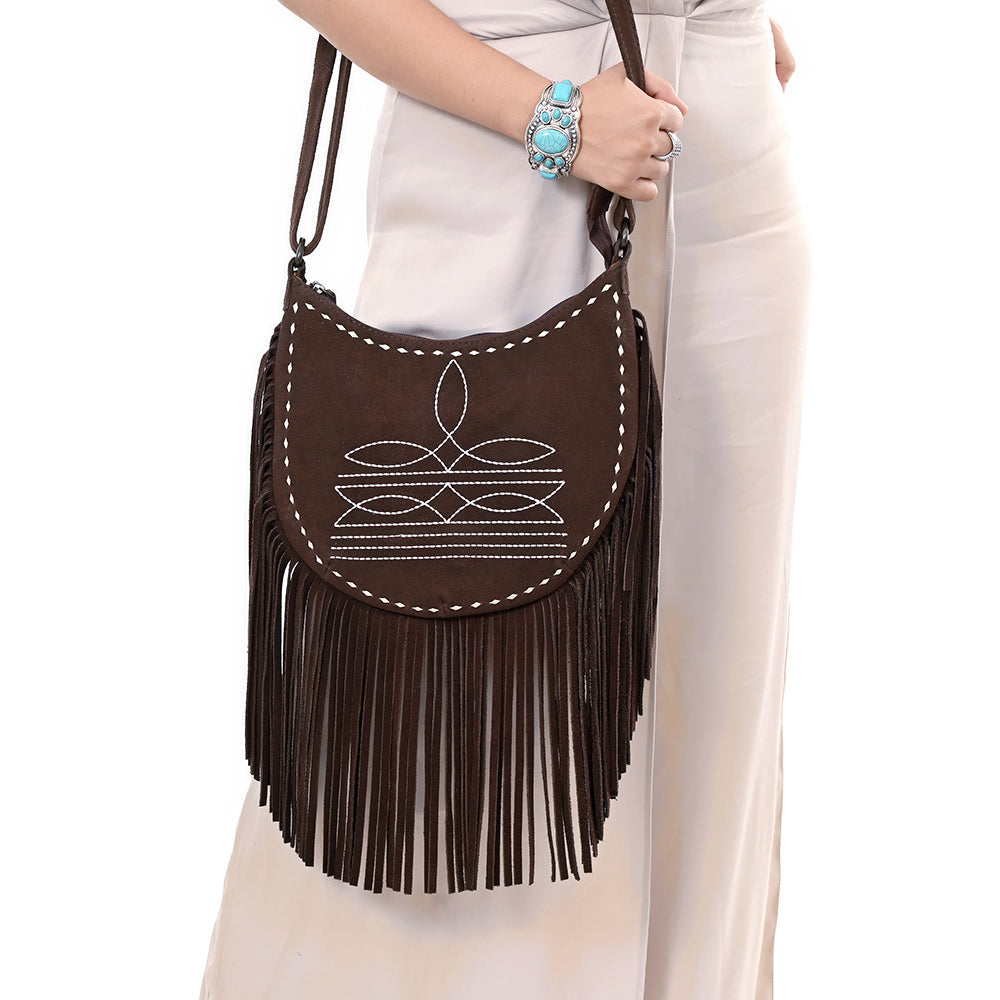 American Darling Black Genuine Suede Crossbody Bag – Western Boot Stitch Design, Fringe Detailing, Genuine Leather, Lightweight Everyday Carry